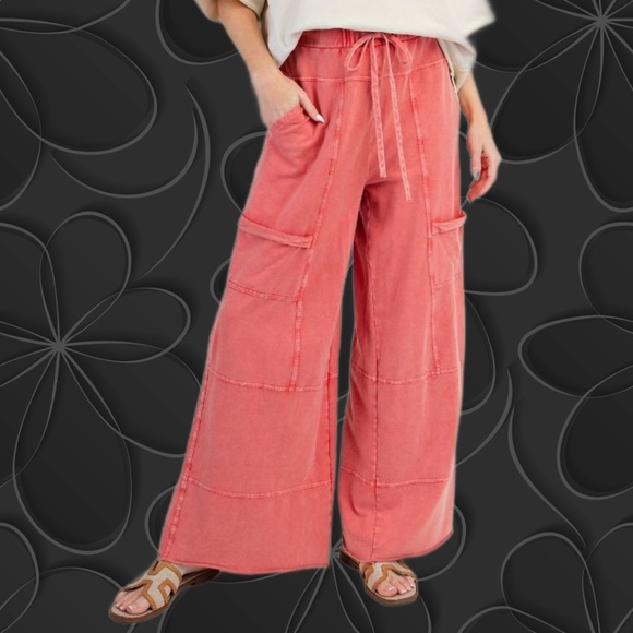 EASEL "Perfect Cargo Lux" Terry Knit Mineral Washed Flared Leg Raw Hems & Seams - Picture 3 of 15